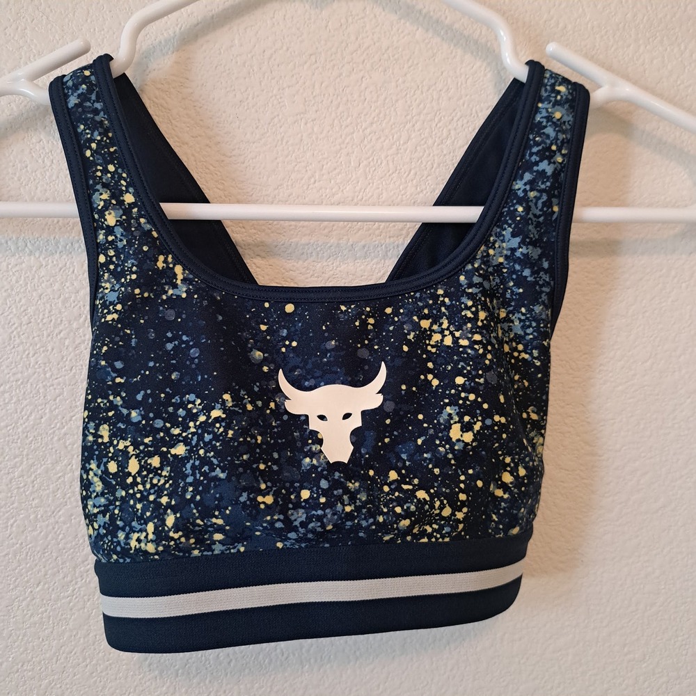 Under Armour Project Rock Sports Bra Navy Splatter Brahma Bull XS
